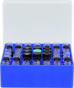 Container blue, 49 position,with firmly integr devider for screw neck vials N 13, outer length: 130 mm, outer width: 130 mm, ou