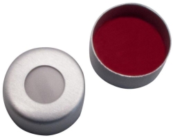 LLG-11mm magnetic crimp cap, silver lacquered with 5mm hole; silicone white/PTFE red, 45° shore A, 1,3mm, pack of 100