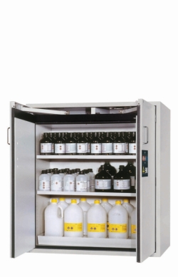 Safety cabinet S-CLASSIC-90 WD incl. 2 lower shelves, perf.sheet RAL7035 light grey, 1196x616x1298mm