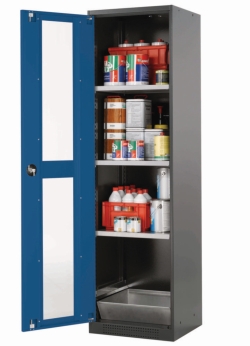 Swing door cabinet with glass 545x520x1950 mm (WxDxH), RAL5010, 3 shelf standard and 1 bottom tray