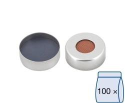 Aluminium crimp cap N 20, silver, center hole, butyl red/PTFE grey, hardness: 50° shore A, thickness: 3 mm, pack of 100pcs