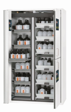 Combined safety cabinet type 90, lab white folding door, 1197 x 617 x 1969mm, 6 pull-out shelves, 1 bottom collecting sump,