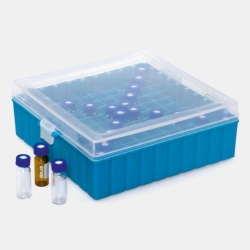 Storage box for sample bottles, blue 100 places, PP, hinged lid, 141x151x53 mm