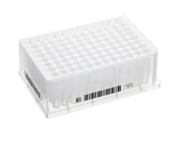 Deepwell Plate 96/1000 &micro;L wells clear, PCR clean, white, with 2D SafeCode and plain text, pack of 20