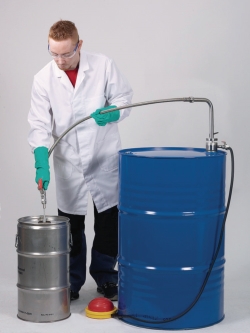 Solvent pump foot operated, with flexible tubing