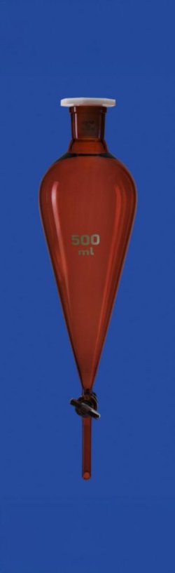 Separating funnel 500 ml acc. Squibb massive glass tap, NS 29/32, hole 4,0mm, amber glass, w/o division, boro 3.3