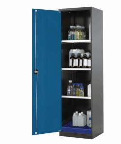 Chemical cabient CS-Classic wing door, RAL5010, 3 lower shelves electroplated, 1 bottom tray
