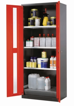 Chemical cabient CS-Classic wing door, RAL3020, 3 lower shelves, 1 bottom tray