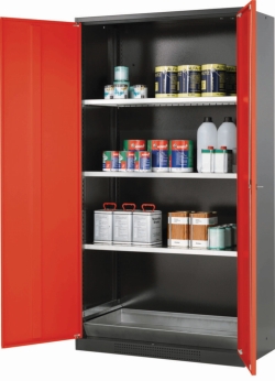 Safety cabinet chemicals with swing doors, incl. 3 shelfs zinc plated body RAL3020, 1055x520x1950mm