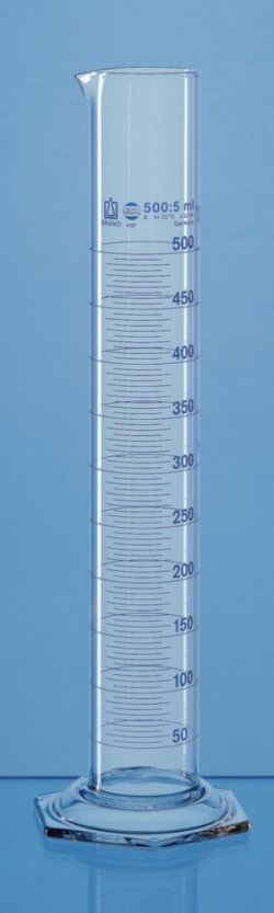 Messzylinder USP, Borosilikatglas 3.3, hohe Form, Klasse A, blau graduiert
