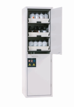 Acid-base cabinet RAL7035 incl. 6 tablar pull-out shelves, door stop right, 600x605x1970 mm
