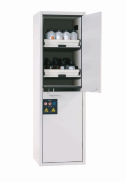 Acid-base cabinet RAL7035 incl. 4 tablar pull-out shelves, door stop right, 600x605x1970 mm