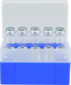 Container blue, 25 position, with removeable devider for crimp neck vials N 20, outer length: 130 mm, outer width: 130 mm, oute