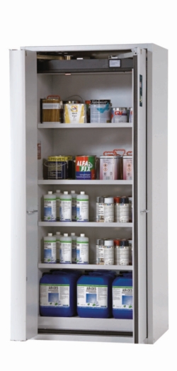 Saftey cabinet S-PHOENIX-90 FWAS 900x615x1968mm (WxDxH), incl. door catching device RAL 7035, 4 shelves,1perforated metal plate