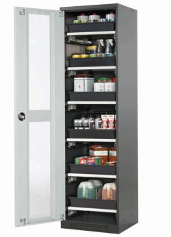 Swing door cabinet with glass RAL 7016, 545 x 520 x 1950 mm (WxDxH) with 6 tray excerpts and bottom tray