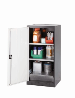 Chemical cabinet CS-Classic 545 x 520 x 1105 mm (WxDxH), swing doors anthracite RAL 7016, 2 shelves, 1 perforated