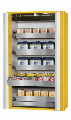 Saftey cabinet S-PHOENIX-90 FDAS 1200 x 615 x 1968 mm (WxDxH), 5 pull-out shelves, yellow RAL 1004