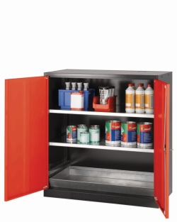 Chemical safety cabinet CS-Classic w. swing doors, incl. 2 shelves, bottom collecting sump, RAL3020, 1055x520x1105mm