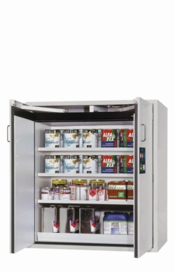 Safety cabinet S-CLASSIC-90 WD incl. 3 lower shelves, perf.sheet RAL7035 light grey, 1196x616x1298mm