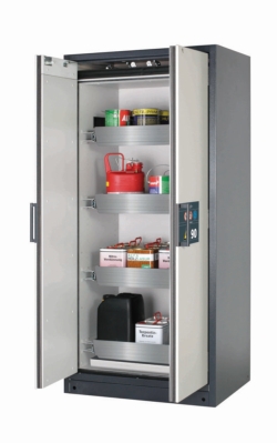Safety cabinet Q-PEGASUS-90 WDAC with wing doors, front RAL7035, 893x615x1953mm, incl. 4 pull-out shelves