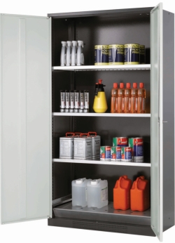 Chemical cabinet CS-Classic 1055 x 520 x 1950 mm (WxDxH), swing doors grey RAL 7035, 3 shelves, 1 perforated sheet