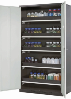 Chemical cabinet CS-classic 1055 x 520 x 1950 mm (WxDxH), steel sheet grey RAL 7035, 5x shelf extension AbZ