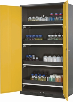 Chemical cabinet CS-classic 1055 x 520 x 1950 mm (WxDxH), safety yellow structure RAL 1004, 4x shelf extension AbZ