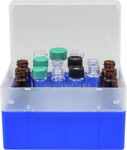Container blue, 36 position,with removeable devider for screw neck vials N 15, outer length: 130 mm, outer width: 130 mm, outer