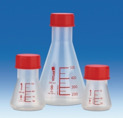 Weithals-Erlenmeyerkolben, PMP, GL 45, mit roter Schraubkappe, PP