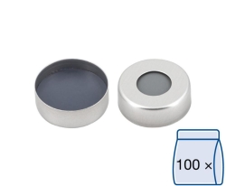 Aluminium flared caps N 20, silver hole, Butyl light grey/PTFE dark grey, hardness: 50° shore A, thickness: 3 mm,pack of 100