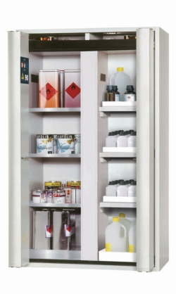 Safety cabinet type S-PHOENIX-90 RAL 7035, 1196x616x1968mm, incl. 3 shelves, 1 perforated metal plate insert, 3 tray shelves