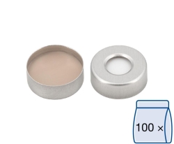 Aluminium crimp caps N 20, silver center hole silicone white/ PTFE beige Hardness 40° shore A Thickness: 3 mm, pack of 100