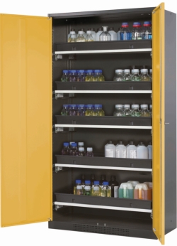 Chemical cabinet CS-classic 1055 x 520 x 1950 mm (WxDxH), safety yellow structure RAL 1004, 5x shelf extension AbZ