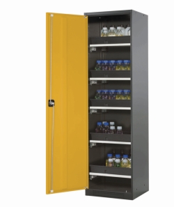 Chemical cabinet CS-Classic 545x520x1950mm (WxDxH), body RAL 7016, with hinged door RAL 1004, 5x shelf pull-out with tray