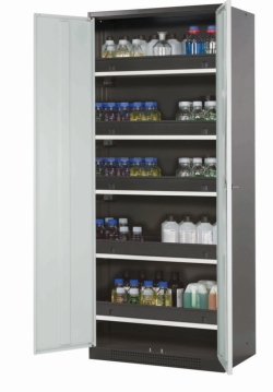 Safety cabinet Chemicals 810x520x1950mm (WxDxH), RAL 7016/RAL 7035 5 x tray pull-out with PP tray