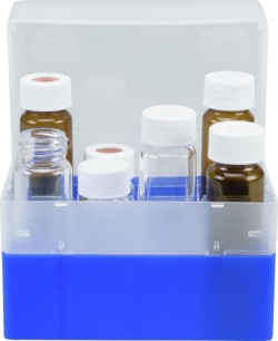 Container blue, 16 position,with removeable devider for screw neck vials N 24, outer length: 130 mm, outer width: 130 mm, outer