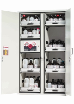 Acid-Base Cabinet SL-CLASSIC MV.WD body and doors RAL 7035, 8x pull-out shelves, material plate PP/PE grey