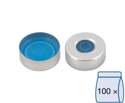 Aluminium crimp caps N 20, silver center hole, silicone blue/ PTFE colourless, hardness 45° shore A, thickness: 3 mm, pack of 1