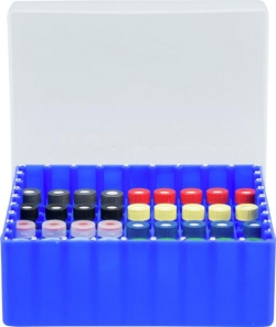 Container blue, 81 position,with removeable devider for screw neck vials, outer length: 130 mm, outer width: 130 mm, outer heig