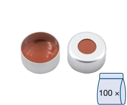 Aluminium Crimp Cap N 11, silver center hole natural rubber/Butyl red-orange/TEF, Hardness: 45° shore A, pack of 100