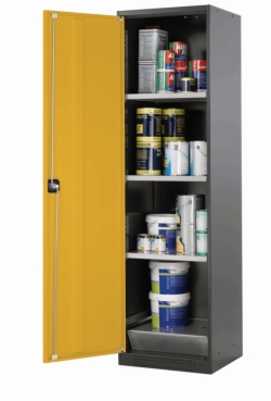 Chemical cabinet CS-Classic 545x520x1950mm (WxDxH), RAL 7016/RAL 1004, 3x shelf, 1x perforated insert, 1x bottom sump