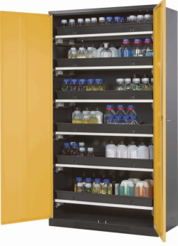 Chemical cabinet CS-classic 1055 x 520 x 1950 mm (WxDxH), RAL 7016/1004, 6x pull-out shelves
