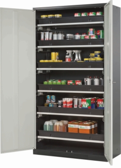 Chemical cabinet CS-classic 1055 x 520 x 1950 mm (WxDxH), steel sheet grey RAL 7035, 6x shelf extension AbZ