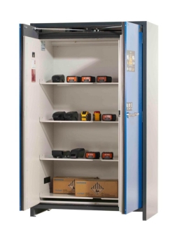 Safety cabinet ION-CORE-90 1193x615x2294mm (WxDxH), RAL 7016/5010 4x tray shelves perfor. , 1x floor collecting tray