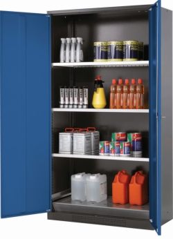Chemical cabinet CS-Classic 1055 x 520 x 1950 mm (WxDxH), RAL 7016 Hinged doors RAL 5010, 3 shelves,