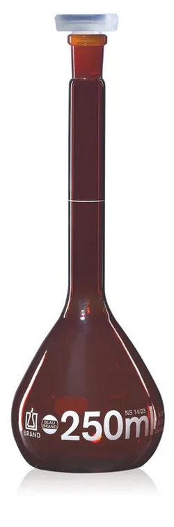 Volumetric flasks, boro 3.3, class A, amber, white graduation, with PP stopper
