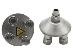 Quad distributing adapters, M16x1, with barbed fittings for tubing 8mm or 12mm inner dia. pack of 2