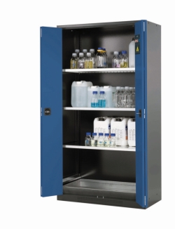 Chemical cabinet CS.195.105.FD 1055 x 520 x 1950 mm (BxTxH), folding doors RAL 5010 blue, corpus anthracite grey RAL 7035,