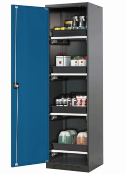 Chemical cabinet CS-Classic 545x520x1950mm (WxDxH), swing doors gentian-blue RAL5010, 4 pull-out shelves