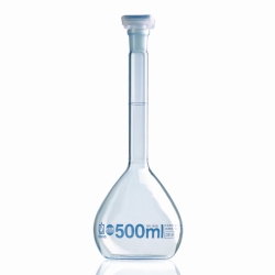 Messkolben, Boro 3.3, Klasse A, blau graduiert, mit DAkks-Zertifikat